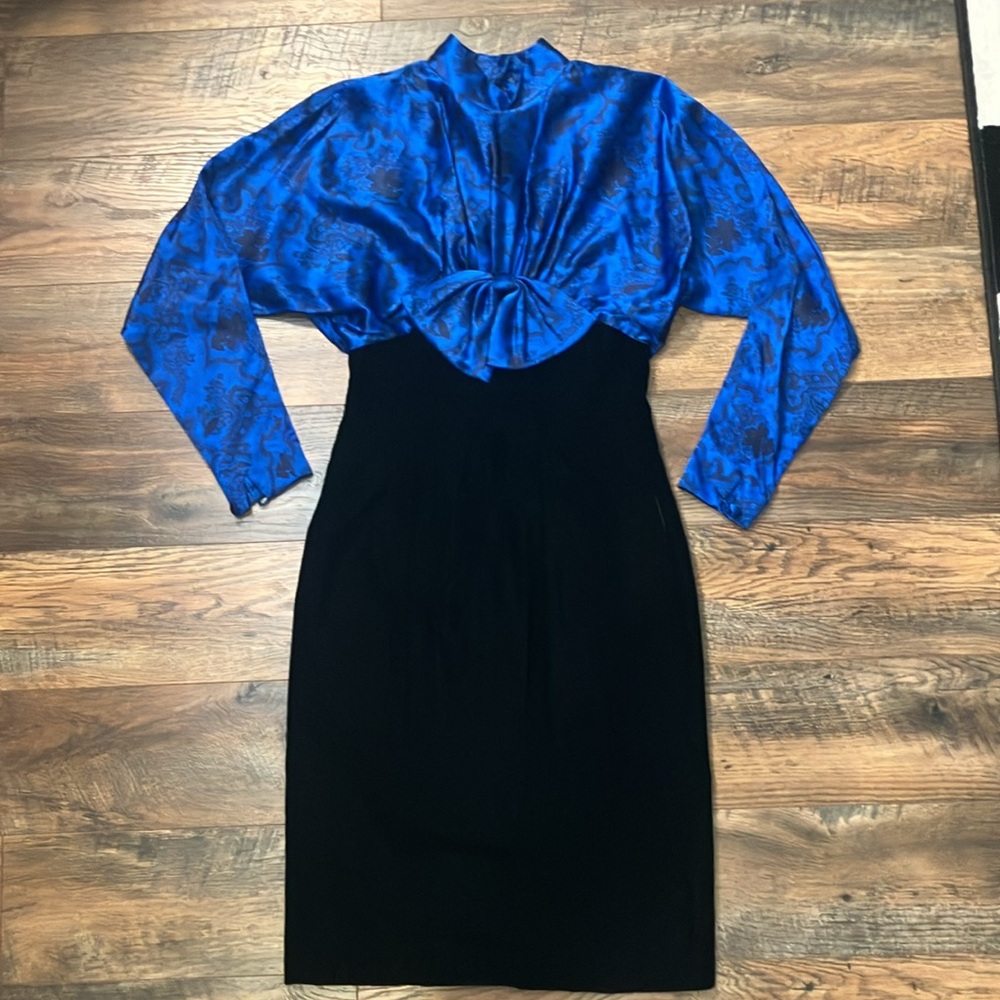 80s blue silk black velvet cocktail evening dress